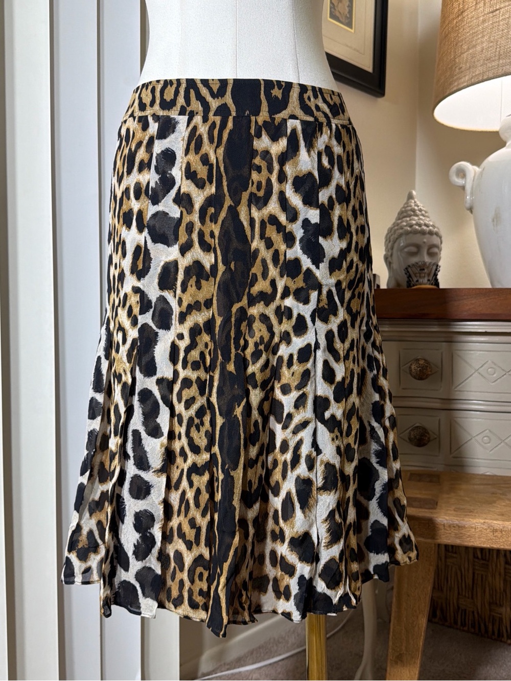 Carlisle Leopard Print Silk A-Line Midi Skirt - Tan Black